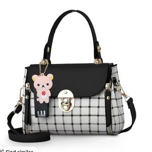 Black & White Plaid Top-Handle Satchel with Bear Charm